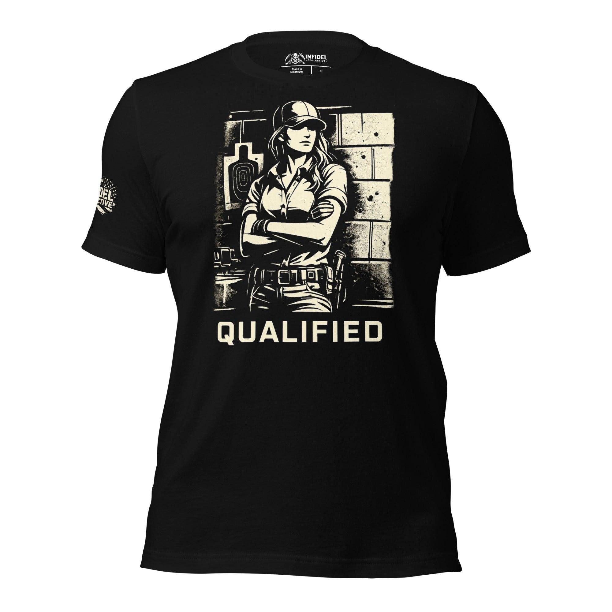 Black t-shirt with graphic design and 'QUALIFIED' text on a white background