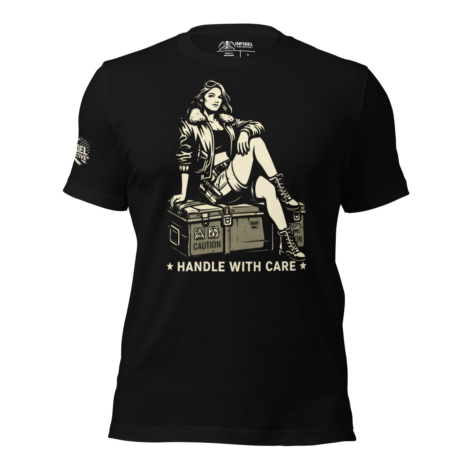 Black t-shirt with graphic design of a woman sitting on a crate and text 'HANDLE WITH CARE' on a white background.