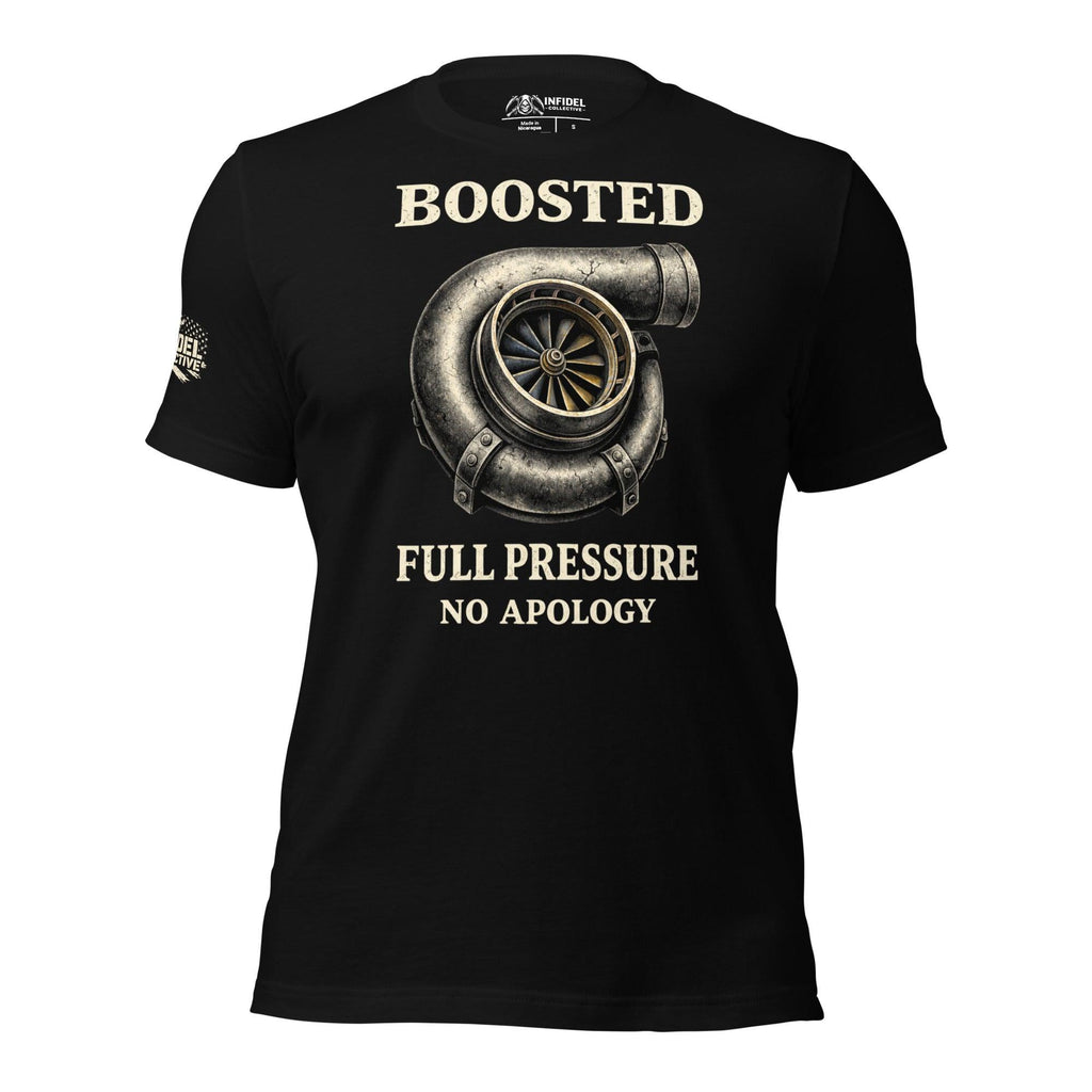 Black t-shirt with a turbocharger graphic and text on a white background