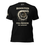 Black t-shirt with a turbocharger graphic and text on a white background