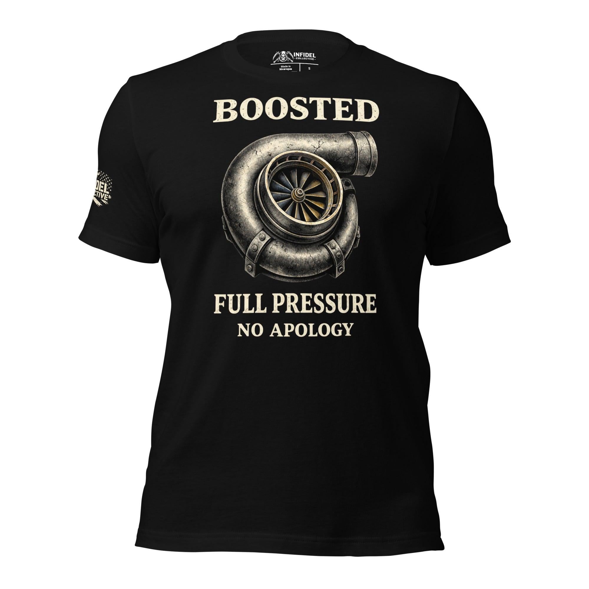 Black t-shirt with a turbocharger graphic and text on a white background