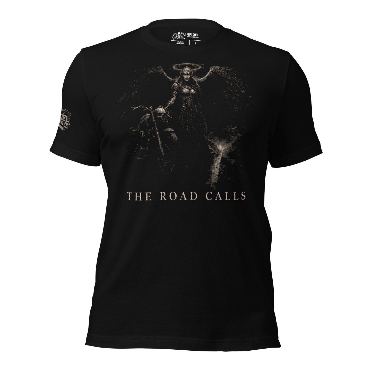 Black t-shirt with graphic design and 'The Road Calls' text on a white background