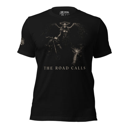 Black t-shirt with graphic design and 'The Road Calls' text on a white background