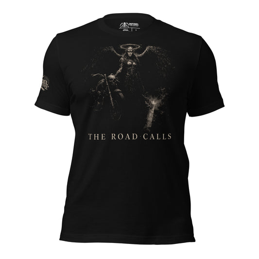 Black t-shirt with graphic design and 'The Road Calls' text on a white background