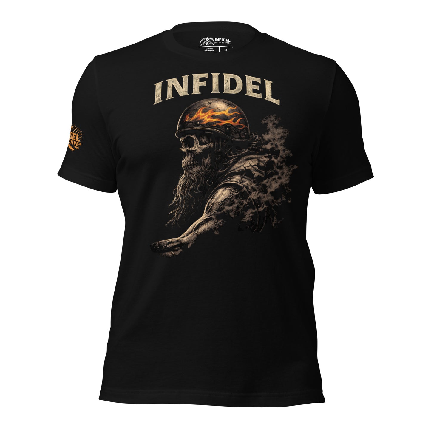 Black t-shirt with graphic design and 'Infidel' text on a white background