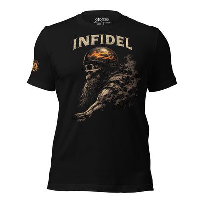 Black t-shirt with graphic design and 'Infidel' text on a white background