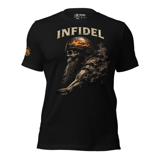 Black t-shirt with graphic design and 'Infidel' text on a white background