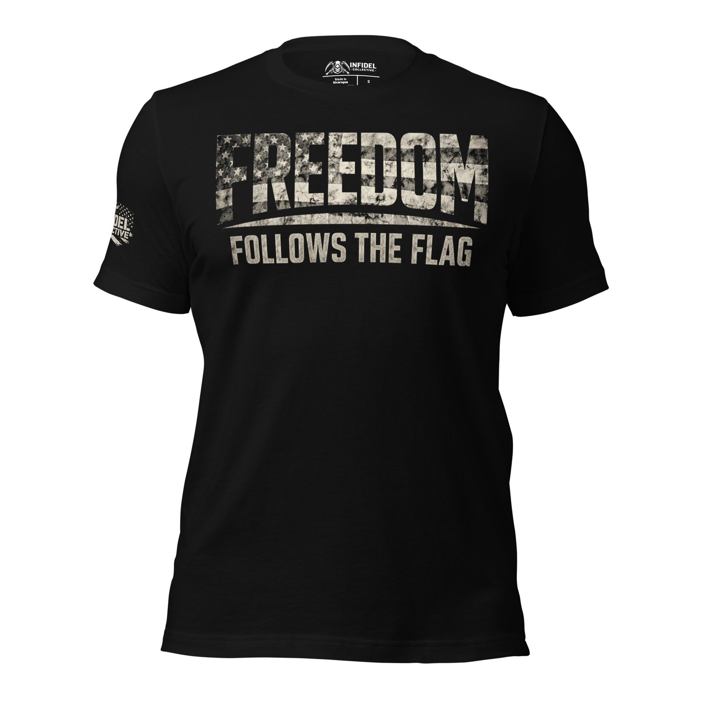 Black t-shirt with 'Freedom Follows the Flag' text on a white background