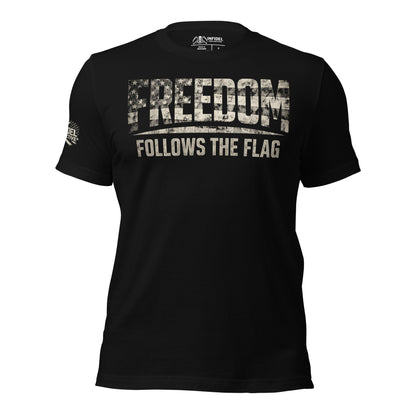 Black t-shirt with 'Freedom Follows the Flag' text on a white background
