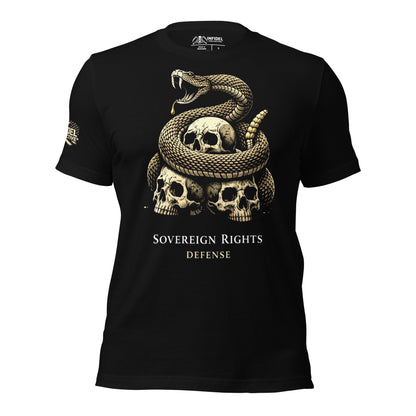 Black t-shirt with snake and skull design and 'Sovereign Rights Defense' text on a white background