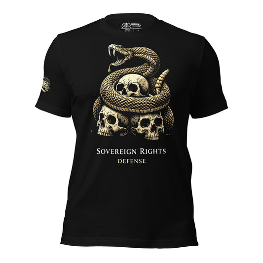 Black t-shirt with snake and skull design and 'Sovereign Rights Defense' text on a white background