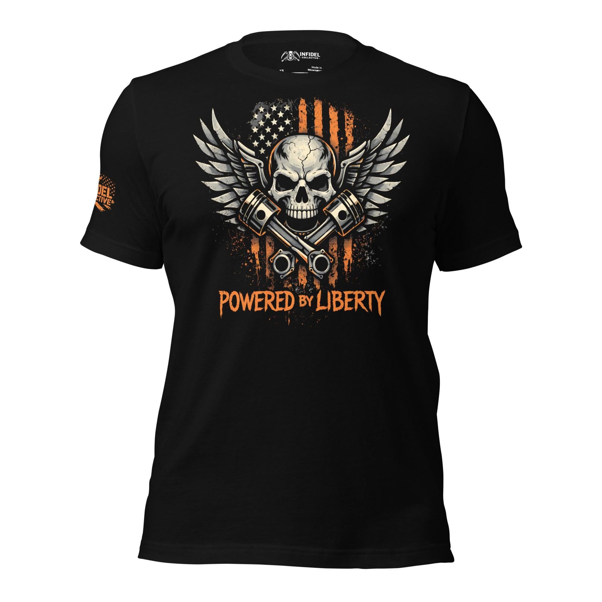 Powered By Liberty Orange on Black T-Shirt  Infidel Collective