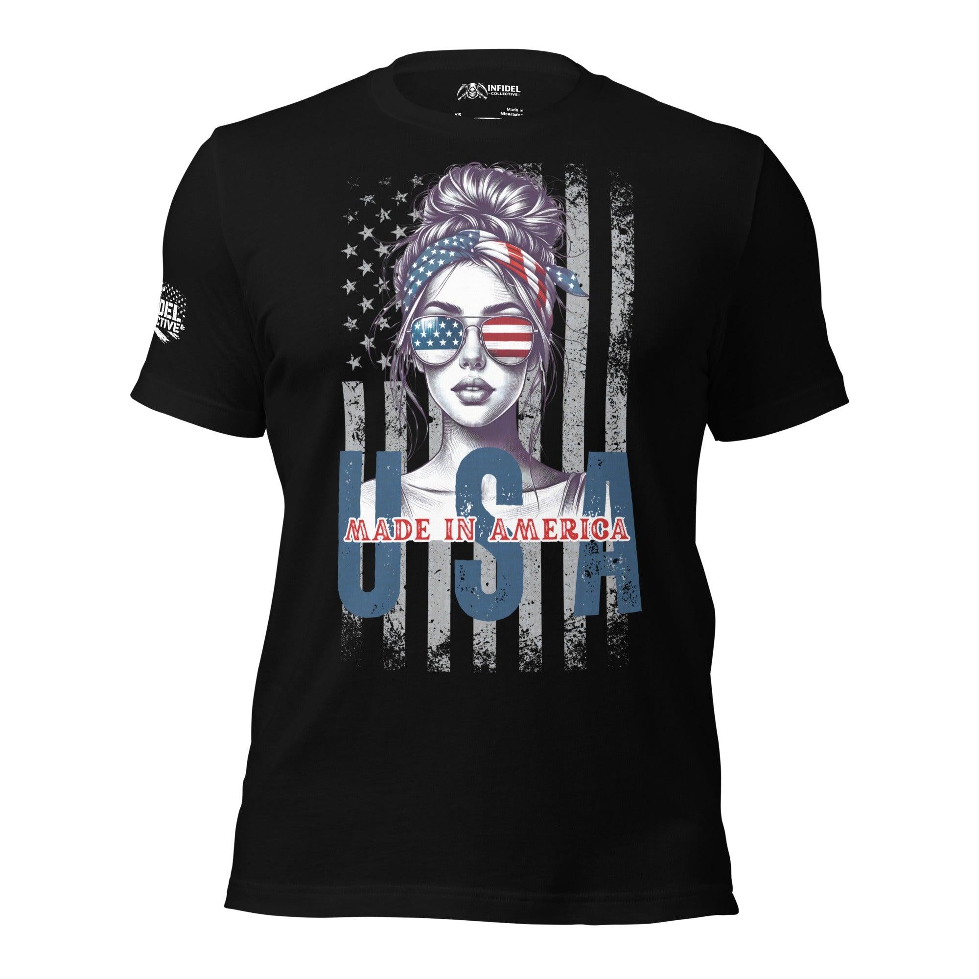 Patriotic T-Shirt: Aviator Babe USA Flag Graphic Tee in Black  Infidel Collective