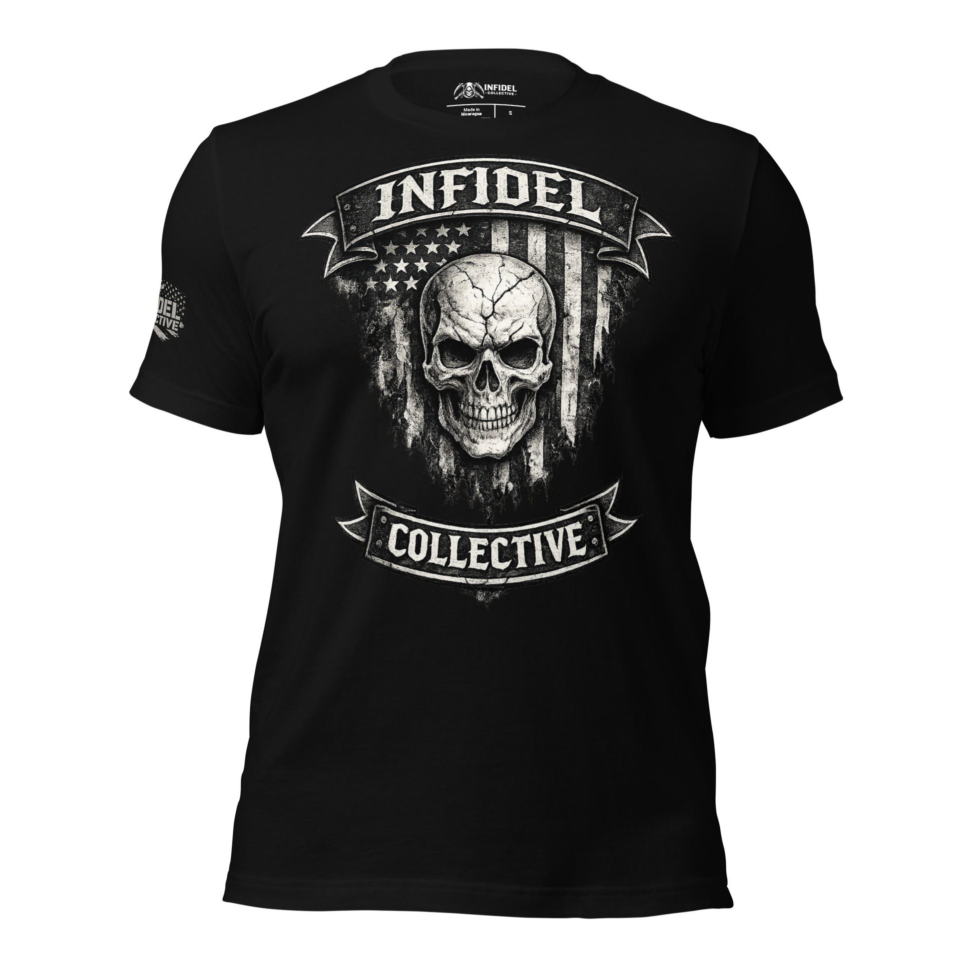 Black t-shirt with skull and American flag design on a white background