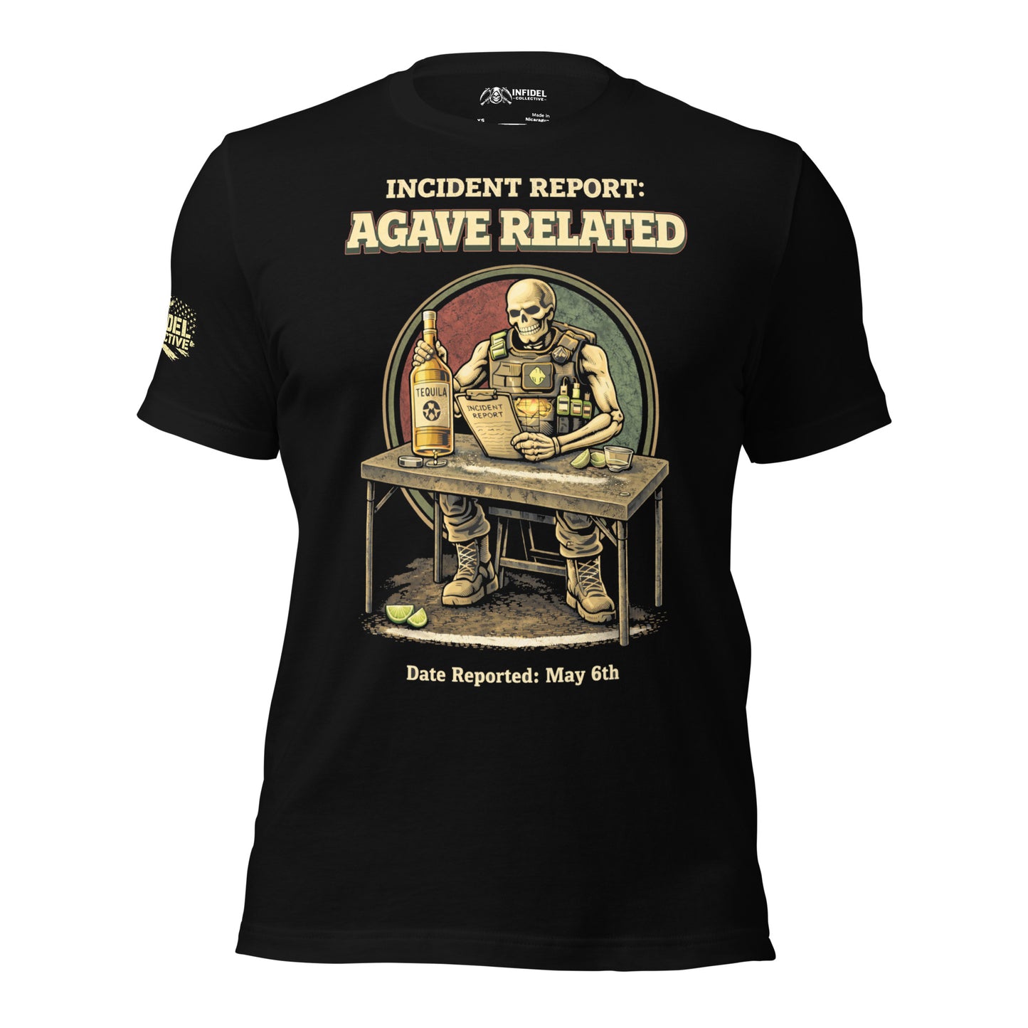 Black t-shirt with graphic design and text on a white background