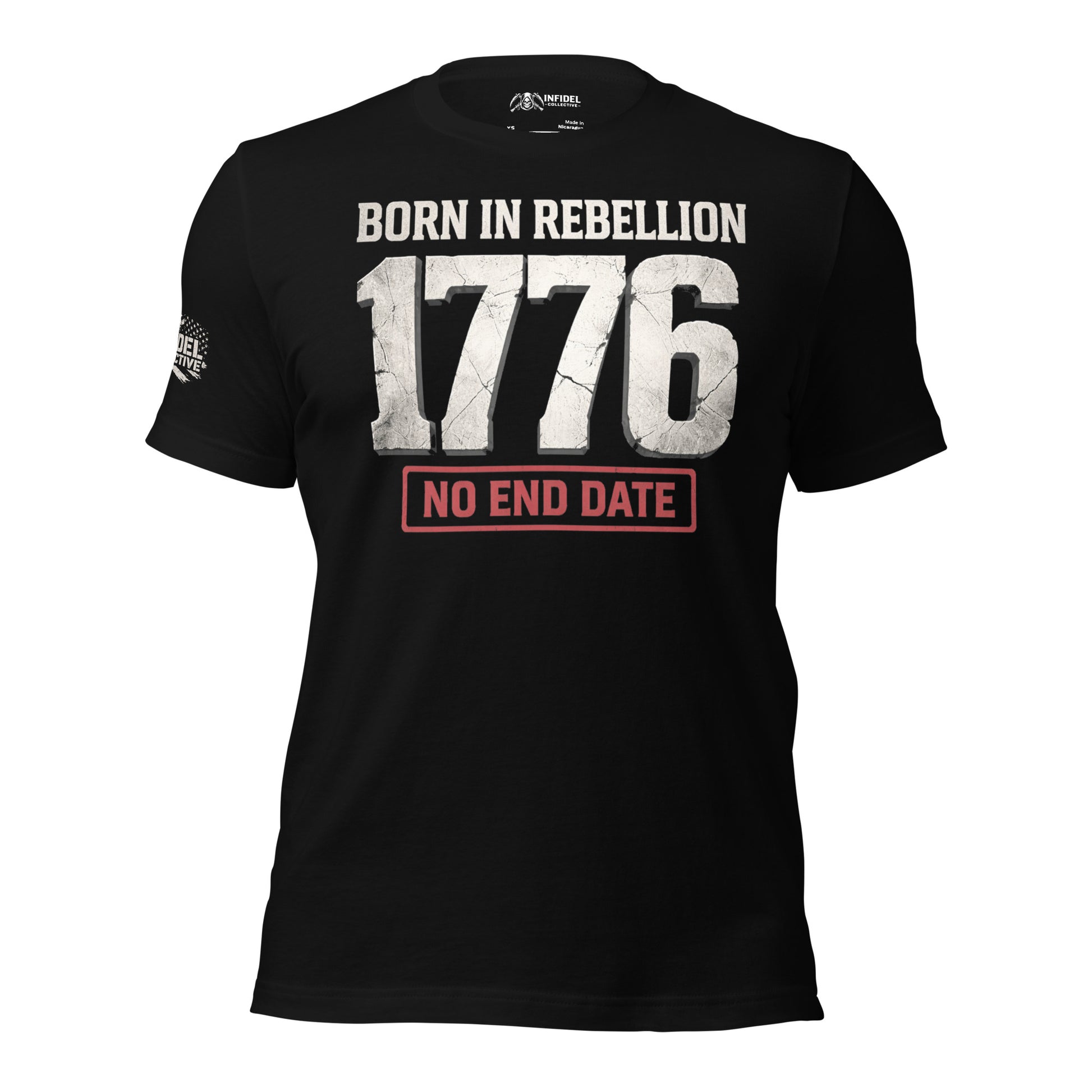 Black t-shirt with 'Born in Rebellion 1776 No End Date' text on a white background