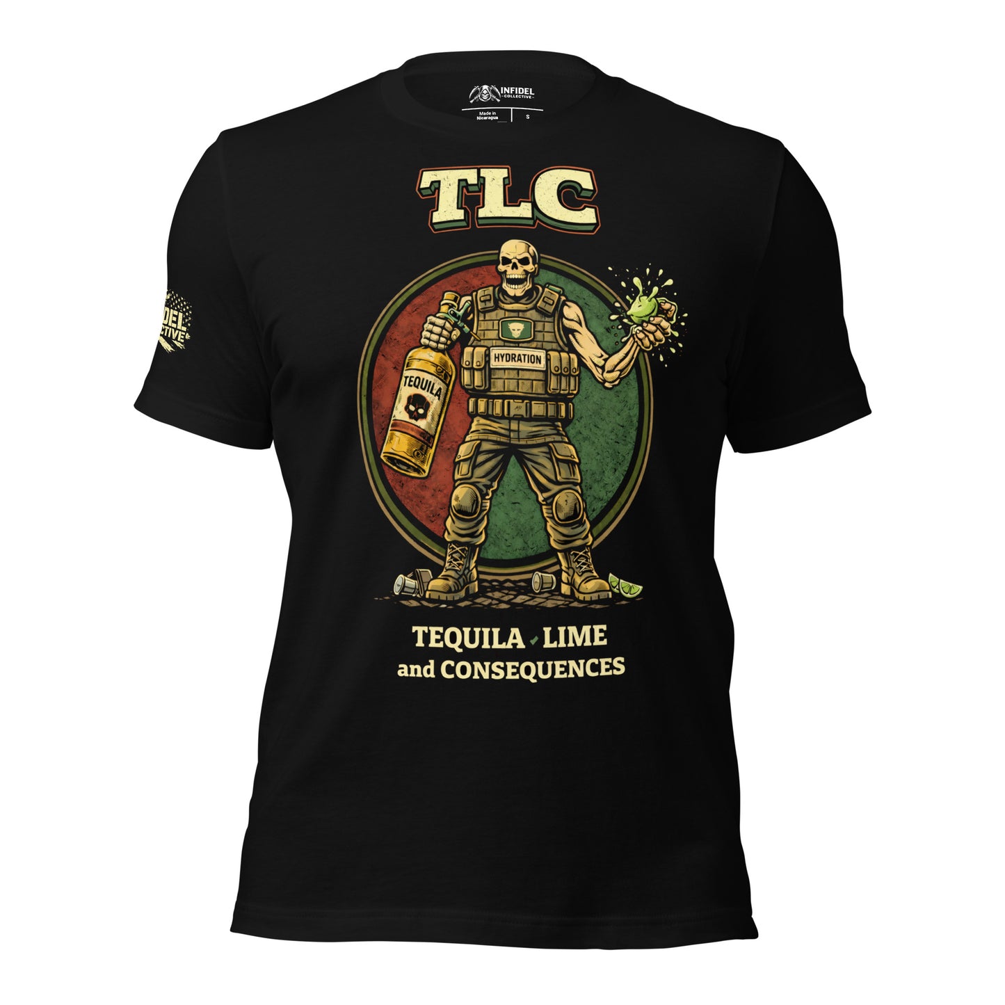 Black t-shirt with graphic design featuring a skeleton in tactical gear, a tequila bottle, and lime, with 'TLC' and 'Tequila Lime and Consequences' text on a white background.