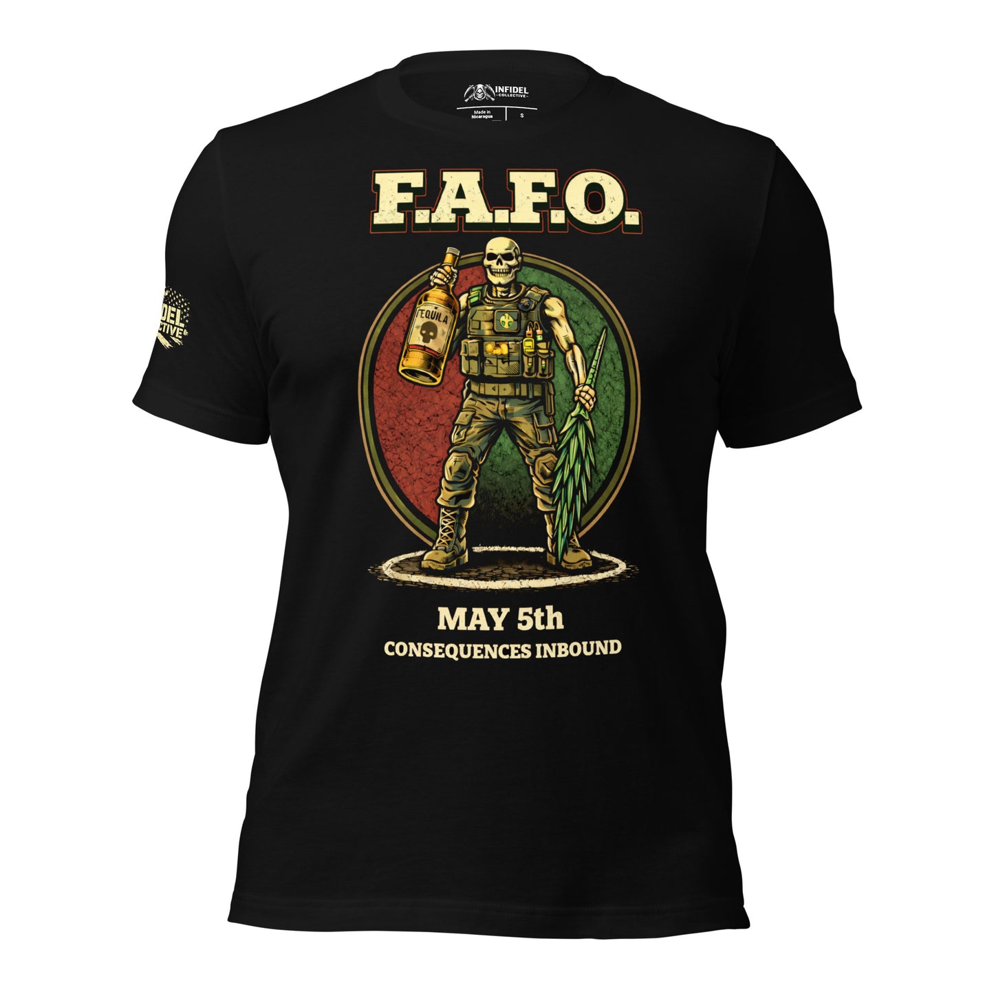 Black t-shirt with graphic design and text on a white background