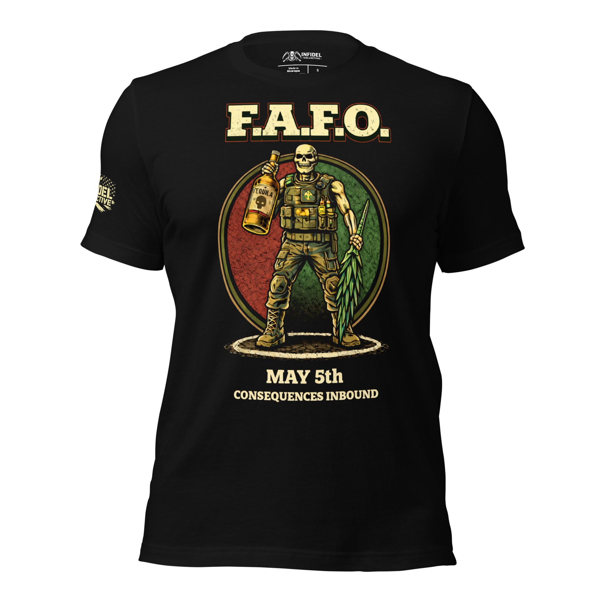 Black t-shirt with graphic design and text on a white background