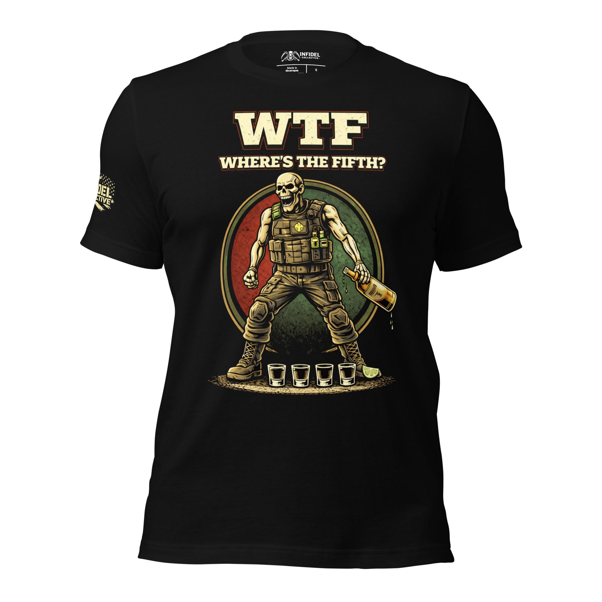 Black t-shirt with graphic design and text 'WTF WHERE'S THE FIFTH?' on a white background