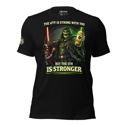 Black t-shirt with graphic design featuring a skeleton holding a bottle and a lightsaber, with text on a white background.