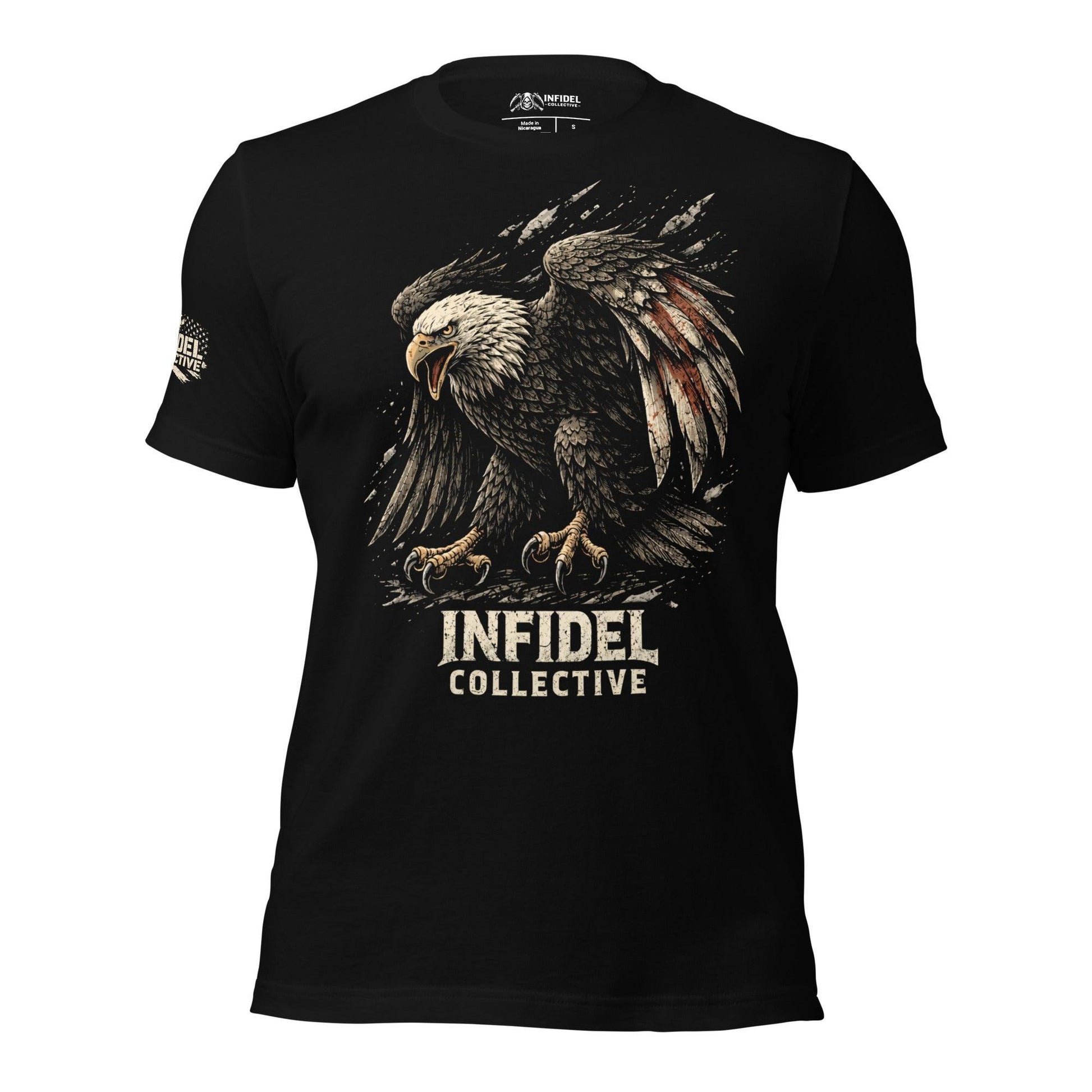 Black t-shirt with an eagle graphic and 'Infidel Collective' text on a white background