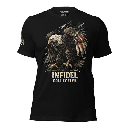 Black t-shirt with an eagle graphic and 'Infidel Collective' text on a white background