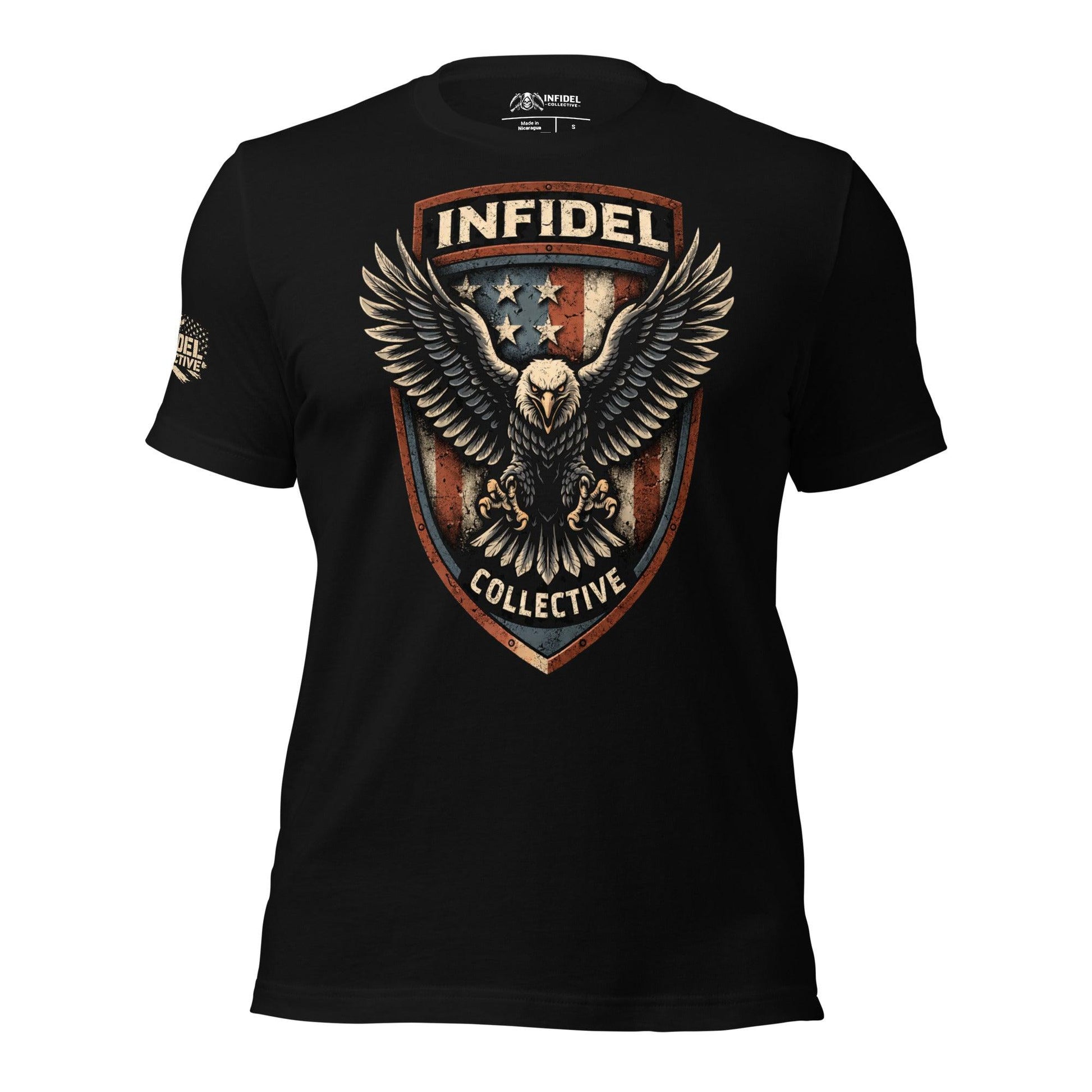 Black t-shirt with Infidel Collective logo featuring an eagle and American flag design on a white background.
