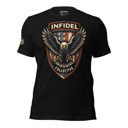 Black t-shirt with Infidel Collective logo featuring an eagle and American flag design on a white background.