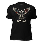 Black t-shirt with an eagle design and '1776 AF' text on a white background