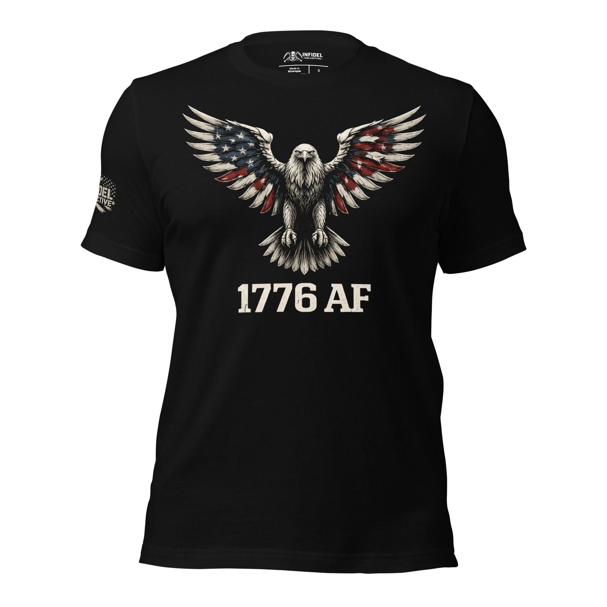 Black t-shirt with an eagle design and '1776 AF' text on a white background