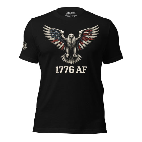 Black t-shirt with an eagle design and '1776 AF' text on a white background