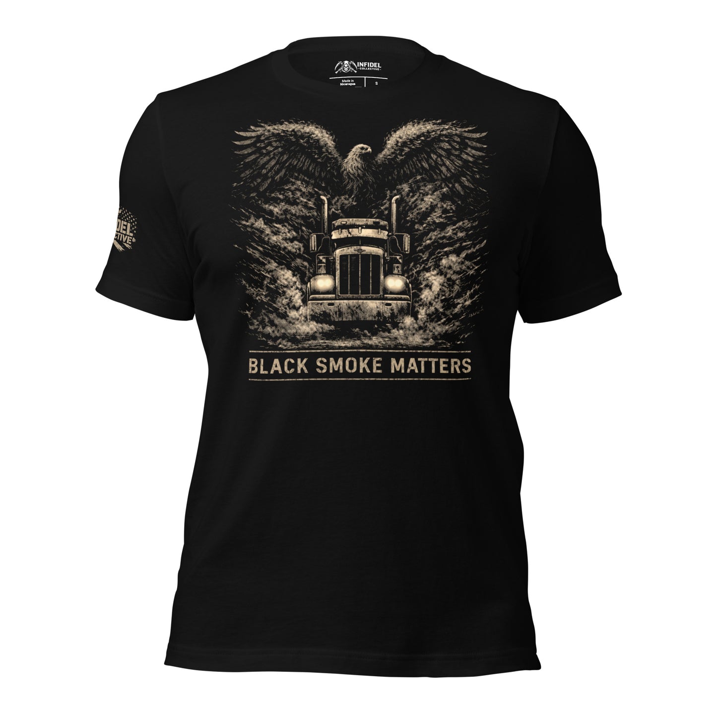 Black t-shirt with an eagle and truck graphic and 'Black Smoke Matters' text on a white background