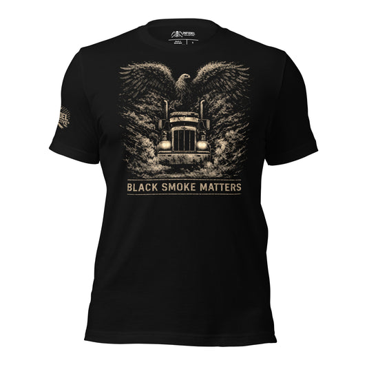 Black t-shirt with an eagle and truck graphic and 'Black Smoke Matters' text on a white background