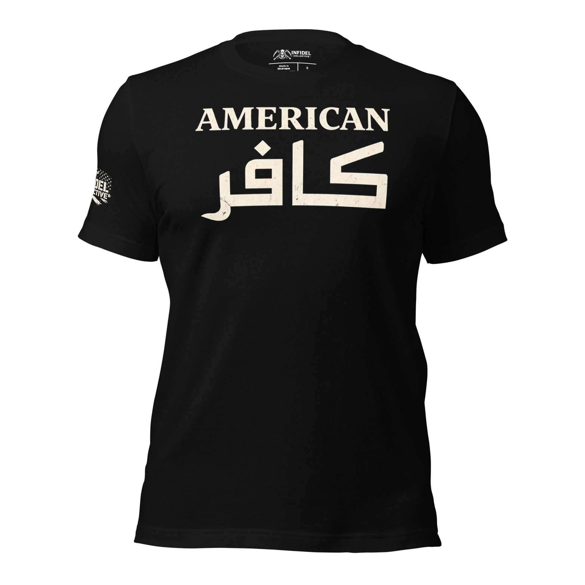Black t-shirt with white text 'AMERICAN INFIDEL' using Arabic script 'KAFFIR' on a white background