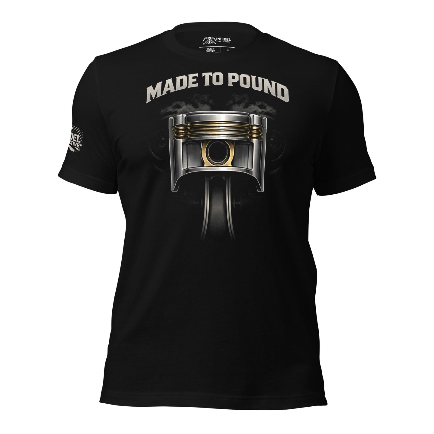 Black t-shirt with a piston graphic and 'Made to Pound' text on a white background