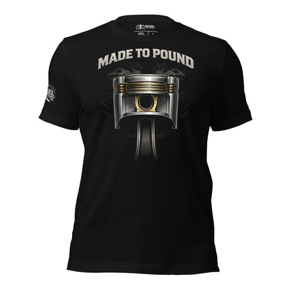 Black t-shirt with a piston graphic and 'Made to Pound' text on a white background