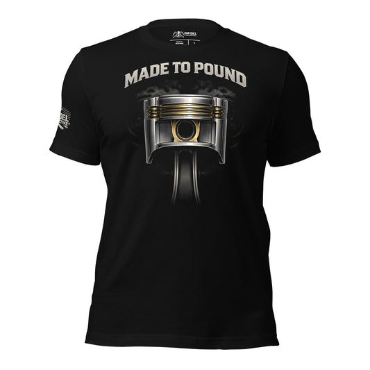 Black t-shirt with a piston graphic and 'Made to Pound' text on a white background