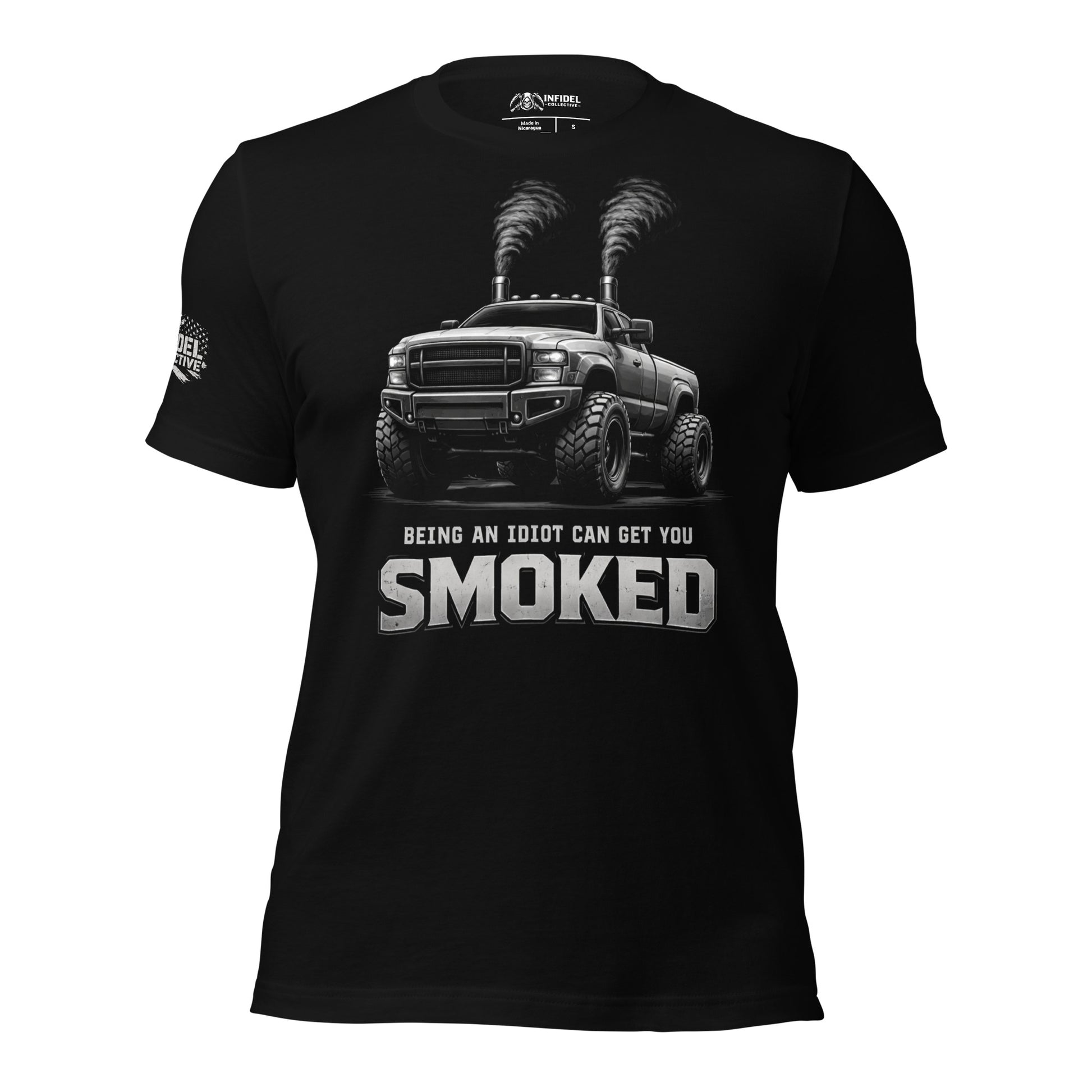 Black t-shirt with graphic of a truck and text 'Being an idiot can get you smoked' on a white background