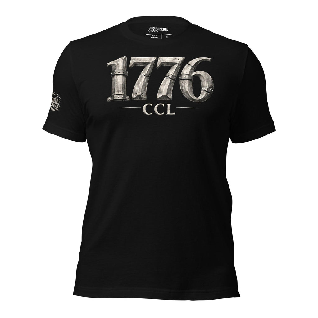 Black t-shirt with '1776 CCL' text on a white background