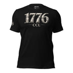 Black t-shirt with '1776 CCL' text on a white background