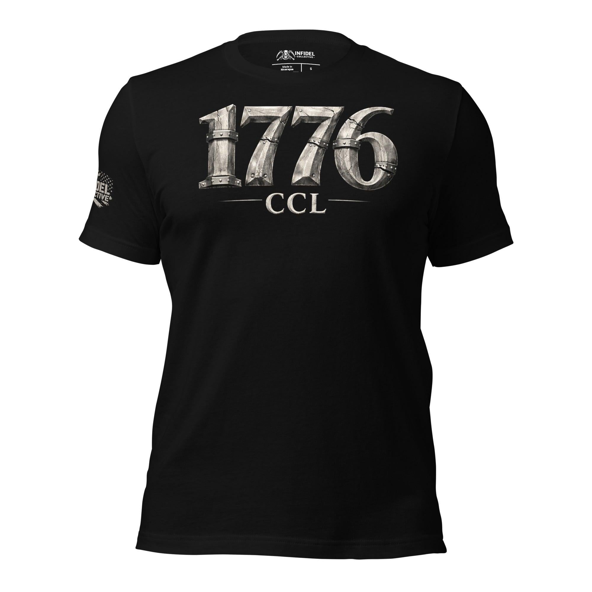 Black t-shirt with '1776 CCL' text on a white background
