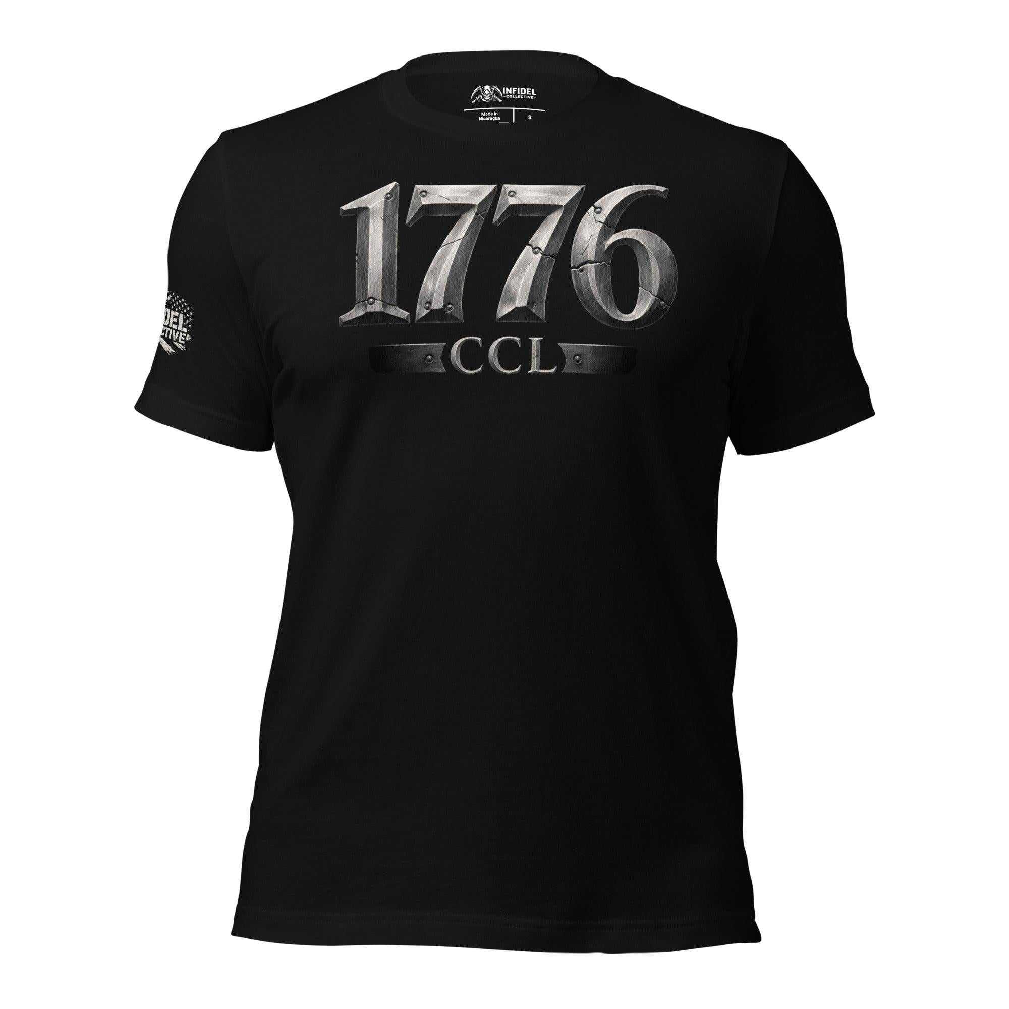 Black t-shirt with white steel appearing text '1776 CCL' on a white background