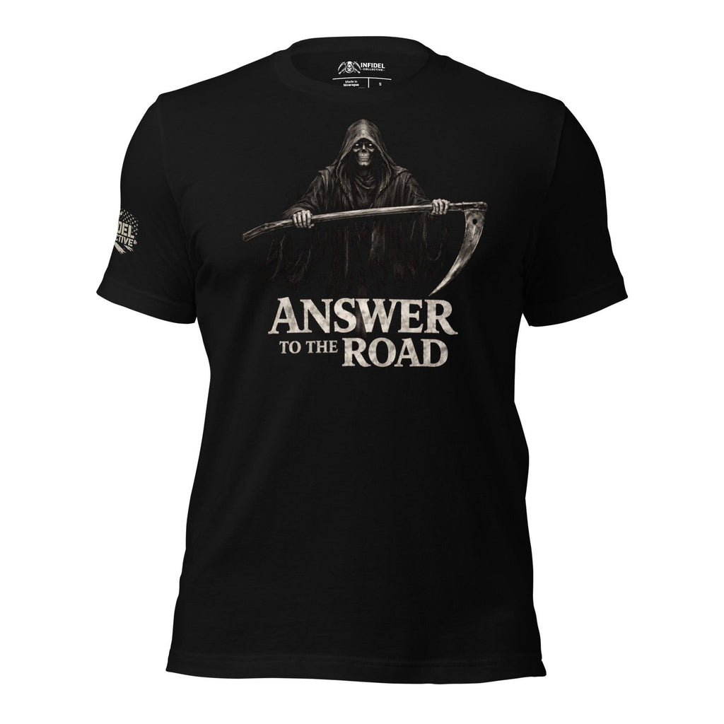 Black t-shirt with grim reaper graphic and 'Answer to the Road' text on a white background