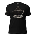 Black t-shirt with grim reaper graphic and 'Answer to the Road' text on a white background