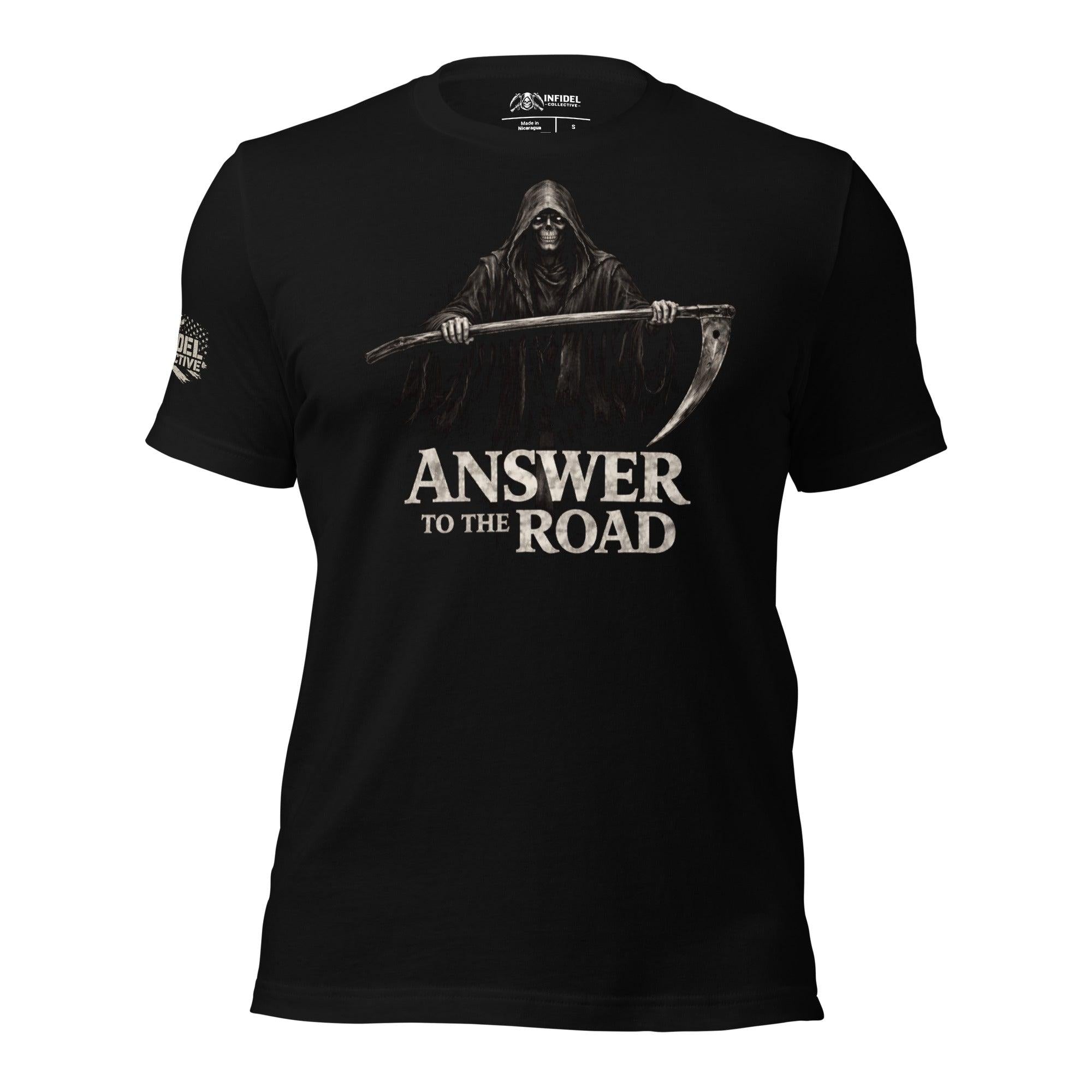 Black t-shirt with grim reaper graphic and 'Answer to the Road' text on a white background