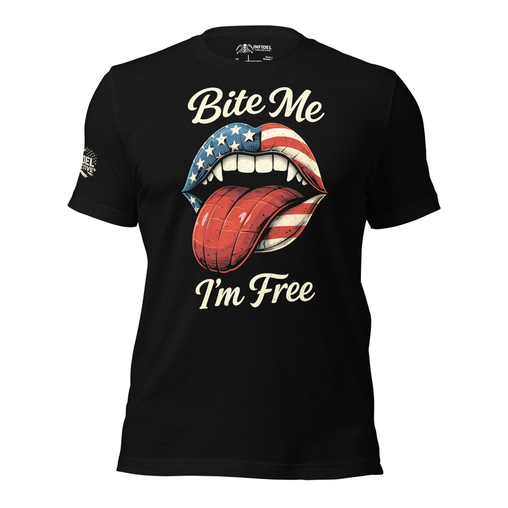 Black t-shirt with graphic design of lips with American flag tongue and text 'Bite Me I'm Free' on a white background.