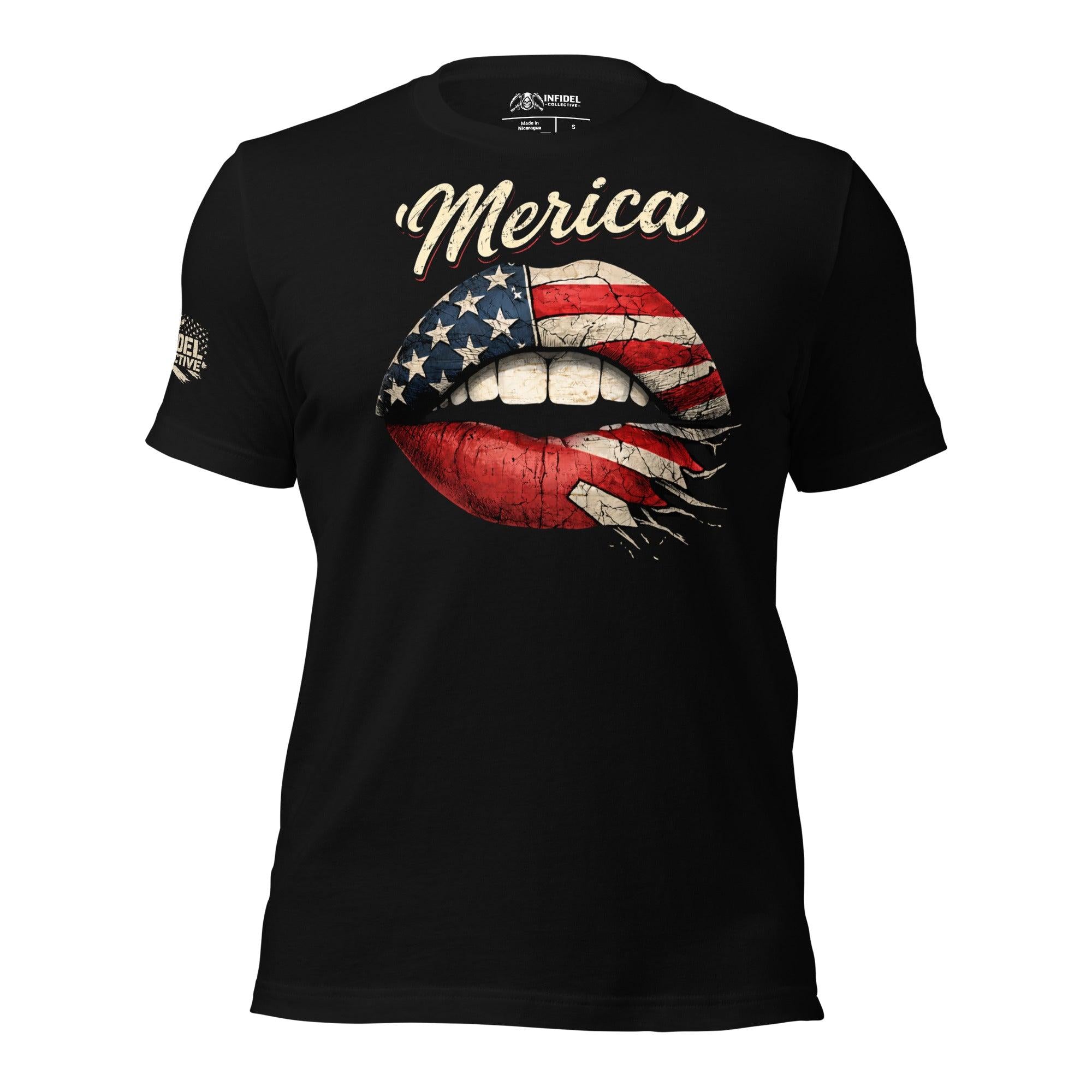 Black t-shirt with 'Merica' and American flag graphic on a white background