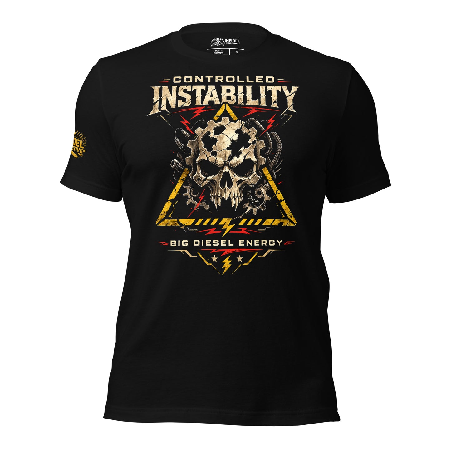 Black t-shirt with a skull and mechanical design on a white background