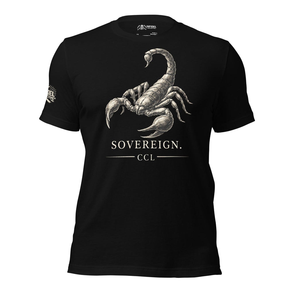 Black t-shirt with a scorpion graphic and 'Sovereign CCL' text on a white background